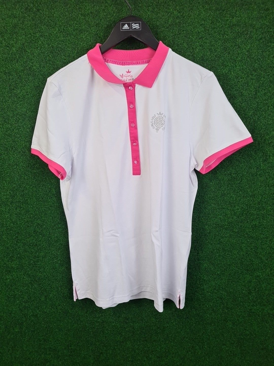 Girls Golf Poloshirt, Golf Shirt, XXXL / 3XL, Weiß & Pink, We love Birdies, Glittering Golf Love, 46 % Cotton, 46 % Polyamid & 8 % Elasthan, Damen - Abbildung 1