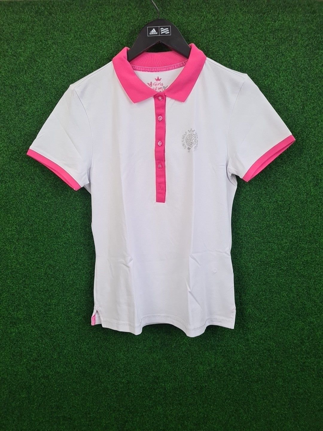Girls Golf Poloshirt, Golf Shirt, M, Weiß & Pink, We love Birdies, Glittering Golf Love, 46 % Cotton, 46 % Polyamid & 8 % Elasthan, Damen - Abbildung 1