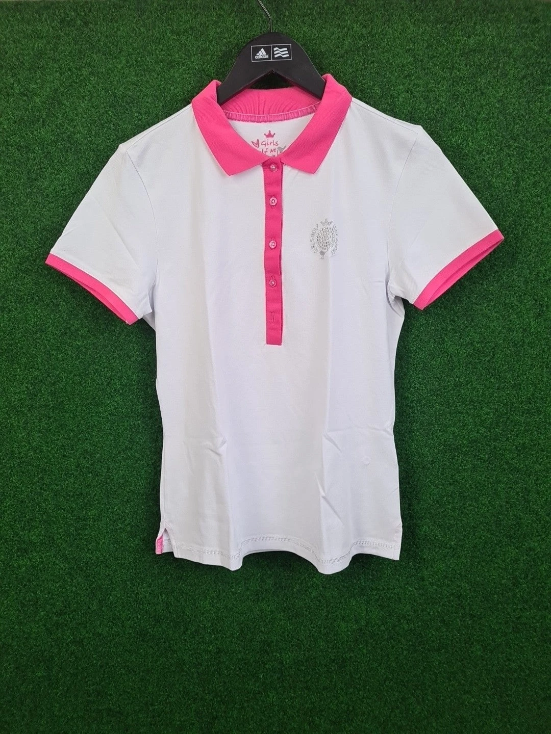 GIRLS GOLF Poloshirt, Golf Shirt, M, Weiß & Pink, We love Birdies, Glittering Golf Love, 46 % Cotton, 46 % Polyamid & 8 % Elasthan, Damen - Abbildung 1